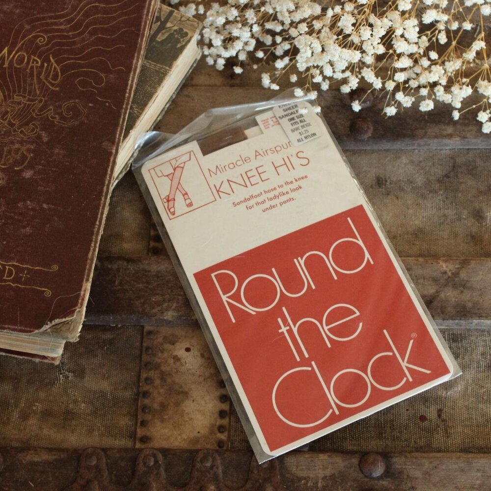 Vintage 1970s 1980s Knee High Stockings, One Pair New NOS  Round The Clock Beige